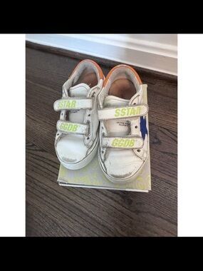 Golden Goose White Kids Sneakers with Blue Star and Orange Heel Trim